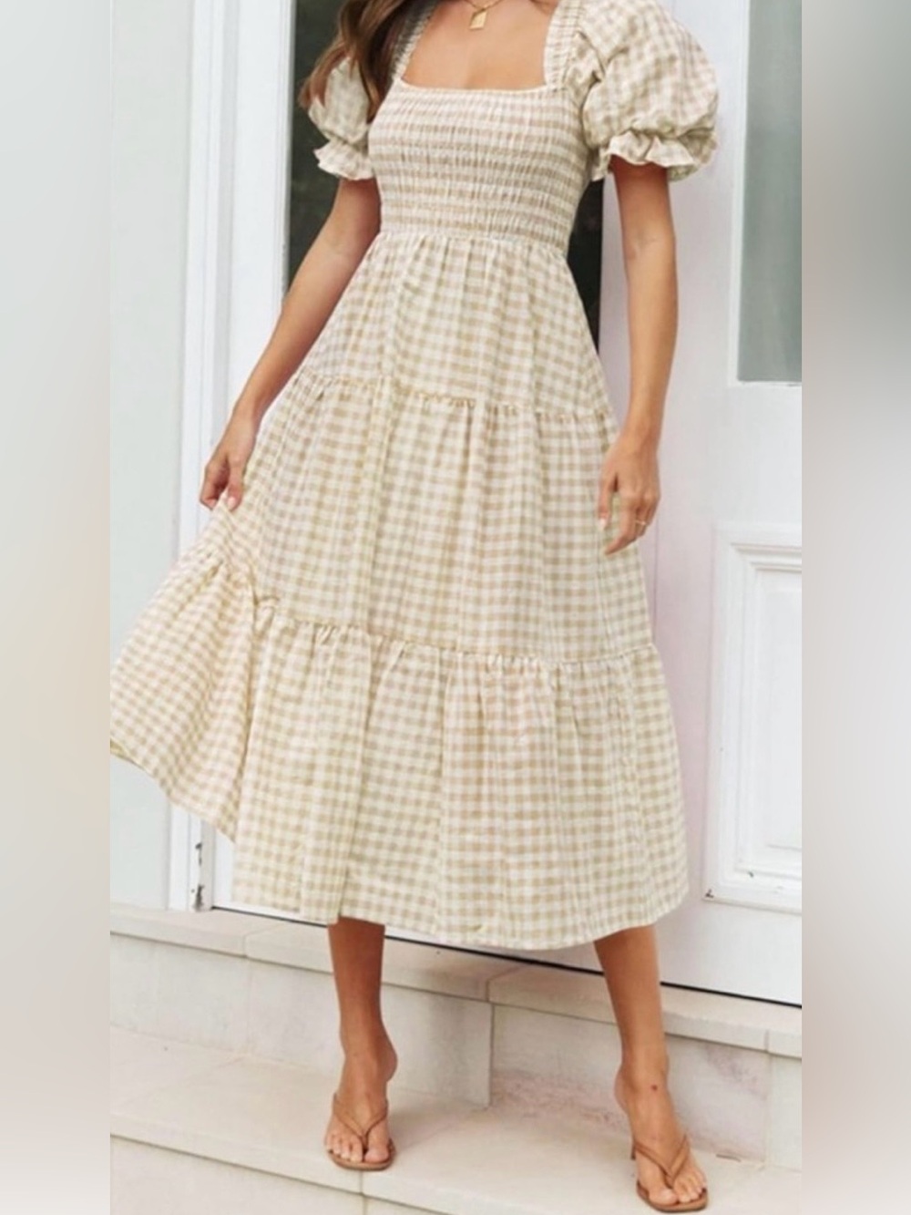 Zesica Bohemian Summer Plaid Midi Dress Milkmaid Smocked Bodice Size S